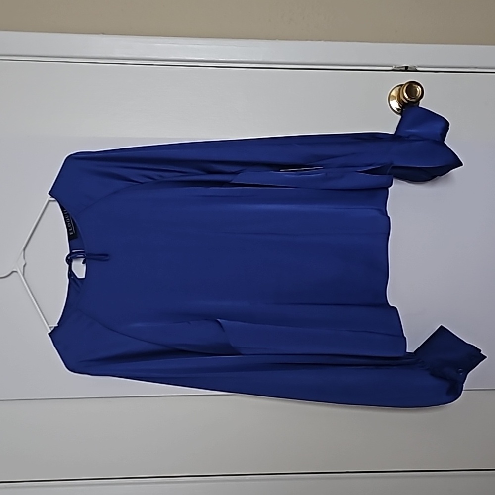 Eloqui blue, satin, long, cuffed sleeve, size 16, blouse